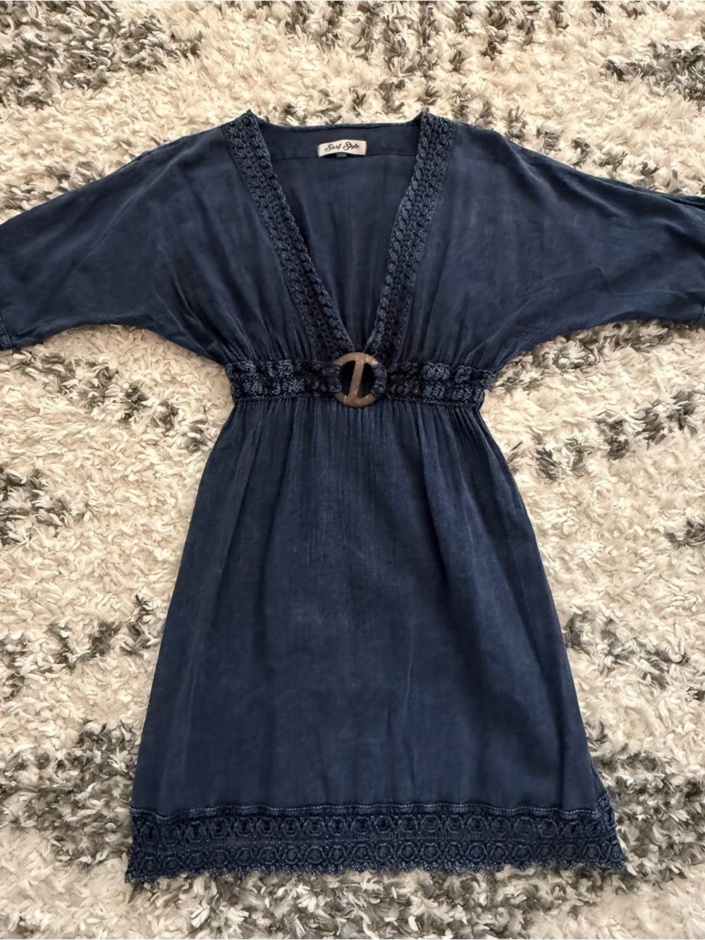 Sof Slate Blue Crochet-Trim V-Neck Dress